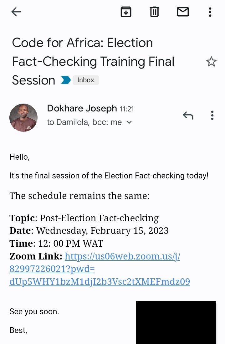 Oluuwaseye's tweet photo. Earlier today, I attended the final session of @Code4Africa Election Fact-checking Training which focused on Post Election fact-checking.

@CathyImani's session on post-election information disorder and the need to fact-check after elections was eye-opening... https://t.co/6HAVrLu41P