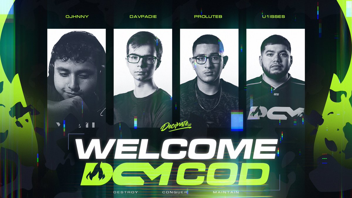 WeThriveGG's tweet photo. 🔥LAST MAN STANDING🔥

After the transfers of FeLo, 2ReaL, and DanGhosty to the @CODLeague, one player was left standing.

Introducing the official #DecimateCOD roster heading into the @CODLeague Challengers Elite Stage 2 League:

🔥 DCM | @U1isses
🔥 DCM | @ProluteB
🔥 DCM | @Davpadie
🔥 DCM | @oJhnny

Welcome to the #GreenBrigade🔥