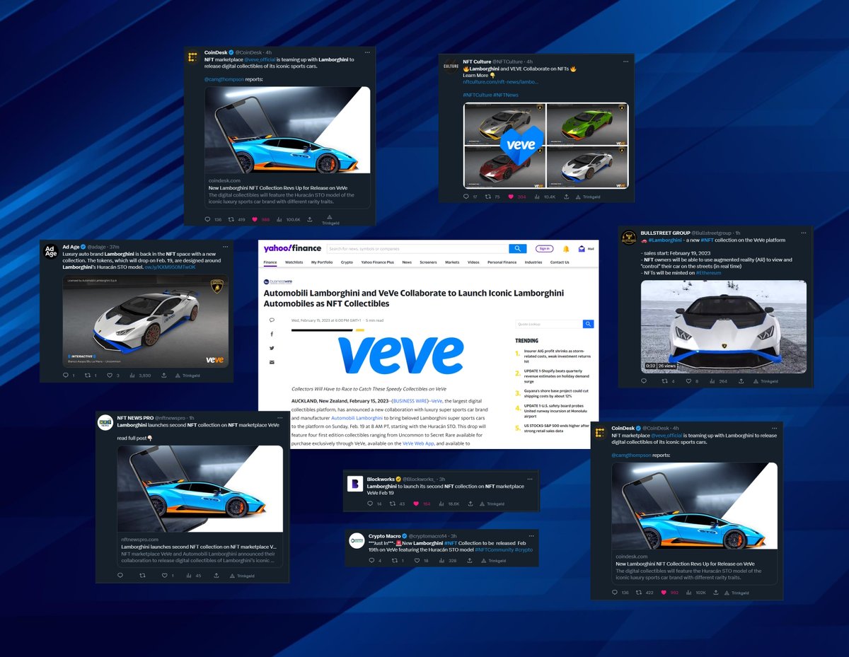 "Wen marketing" you ask? 
Well, "right frickin' now" seems to be the answer 😁 

These are just 9 examples of sites with a large following mentioning the Lambo drop I found after a quick search. I bet there's more. You can't tell me that this isn't coordinated by VeVe 🙂

#veve