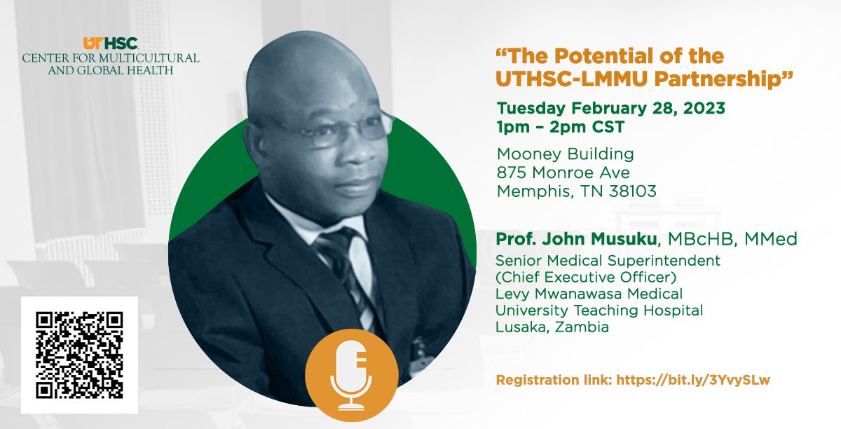 We are excited to announce Professor John Musuku, the Medical Superintendent (CEO) of the Levy Mwanawasa Medical University Teaching Hospital will pay a week-long visit to Memphis at the end of the month. #uthsc <a href="/UTHSCMedicine/">UTHSC College of Medicine</a> <a href="/UT_GlobalHealth/">Center for Multicultural and Global Health</a>
