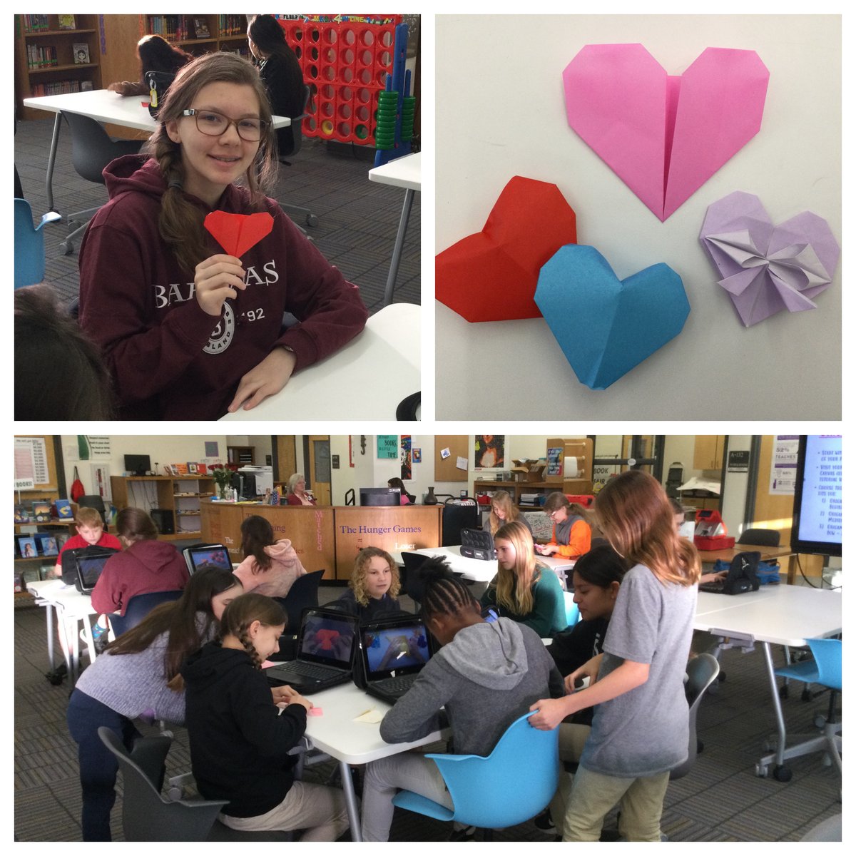 DCMSMediaCenter's tweet image. We celebrated Valentine’s Day with origami hearts! ❤️ Tutorial videos were available for students to try on three different levels of difficulty. Check out the links on Canvas! @DutchmanCreekMS #Origami #STEAM #ArtInTheLibrary #ValentinesDay #MorningEvents #GatorsUNLEASHED