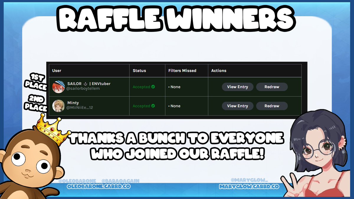 ✨✨ AND WE HAVE OUR WINNERS! ✨✨

1st place - @sailorboytellem - 3 emotes + animations
2nd place - @MiiNiiEe_12 - 2 emotes + animations

All of the emotes will be made by the wonderful @maryglow_ and animated by me! ^~^

Thank you SO much for everyone who joined our raffle! :D