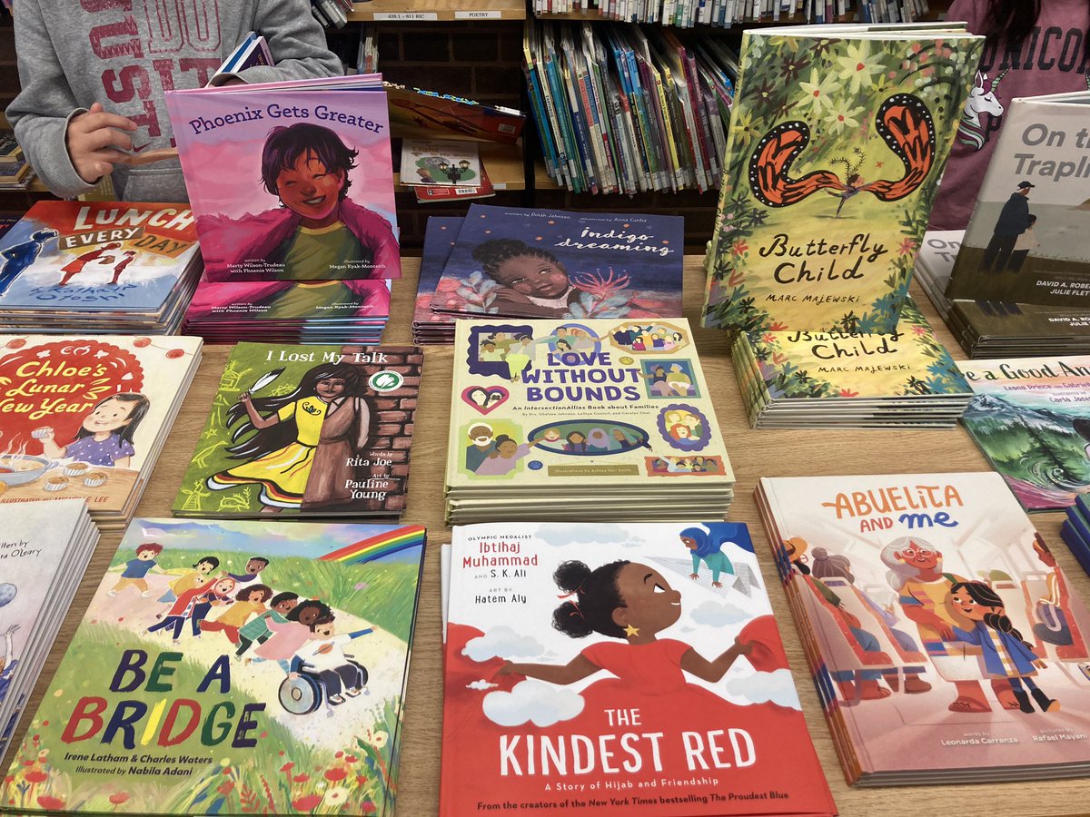 I was so delighted to see all these new titles at our book fair with <a href="/AnotherStoryTO/">Another Story Bookshop</a> Thanks to our wonderful librarian <a href="/MichelleYSo/">Michelle So</a> for these opportunities! <a href="/Chartland_TDSB/">Chartland_TDSB</a>