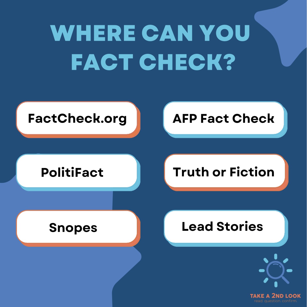 Takea2ndLook_SU's tweet photo. Looking for great fact-checking resources? Try out some of these! 

#newsliteracy #takea2ndlook https://t.co/vr7iZctPo2