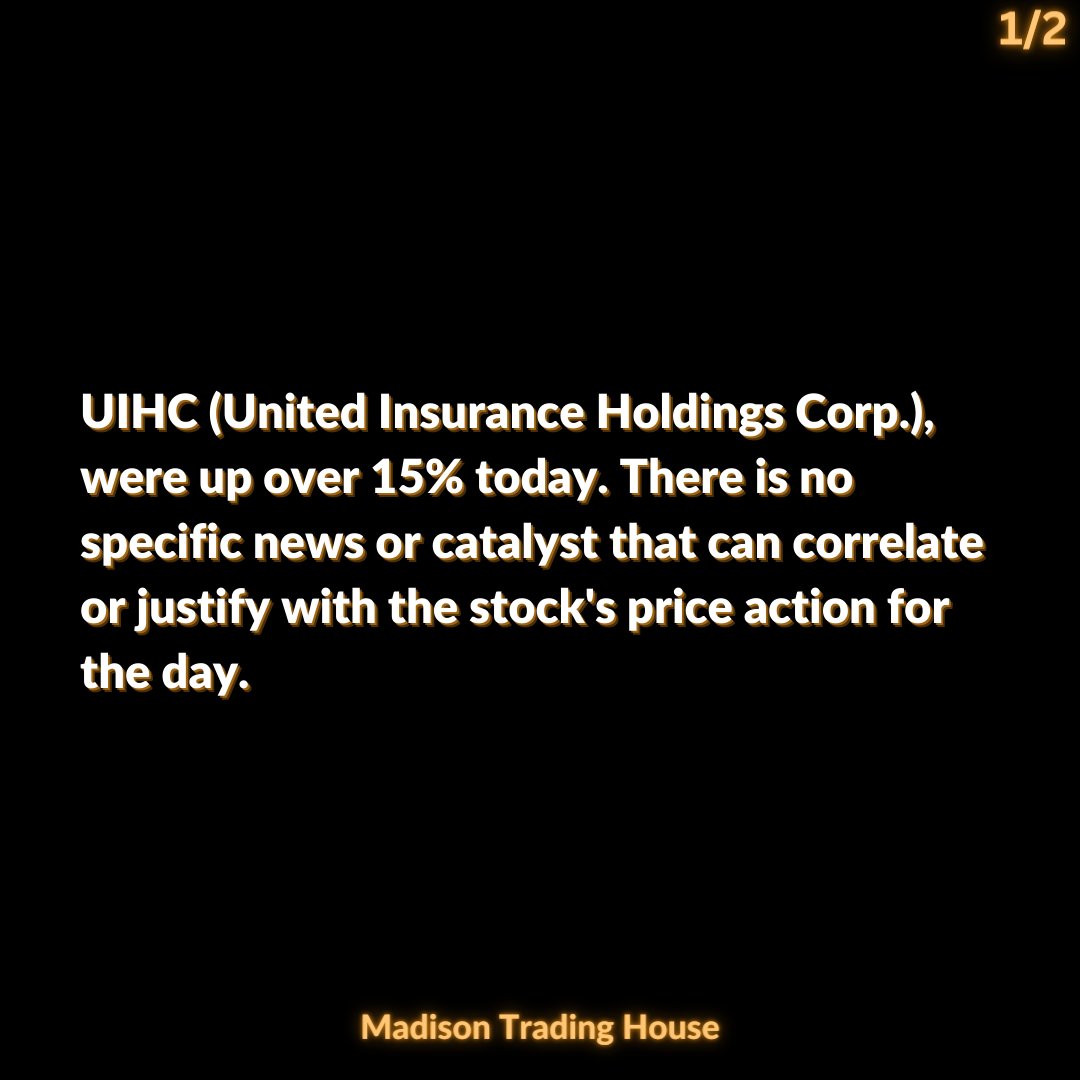 TradingMadison's tweet photo. Traders! We spotted $UIHC United Insurance Holdings Corp inside our proprietary trading software today. There is no specific news or catalyst that can correlate or justify with the stock's price action for the day. #smallcaps #pennystocks #daytrading https://t.co/zGmjFdc0LO