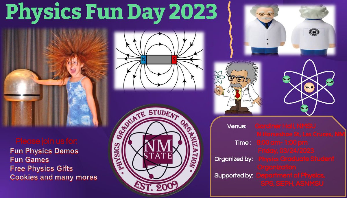 LCPSnet's tweet photo. New Mexico State University's Physics Graduate Student Organization (PGSO) will host their annual Physics Fun Day on March 24, from 8:00am-1:00 pm. The event is designed to introduce the public to the exciting world of physics. @LCPSnet 

More information: https://t.co/FyeuDFBb8T https://t.co/i8335qmOra