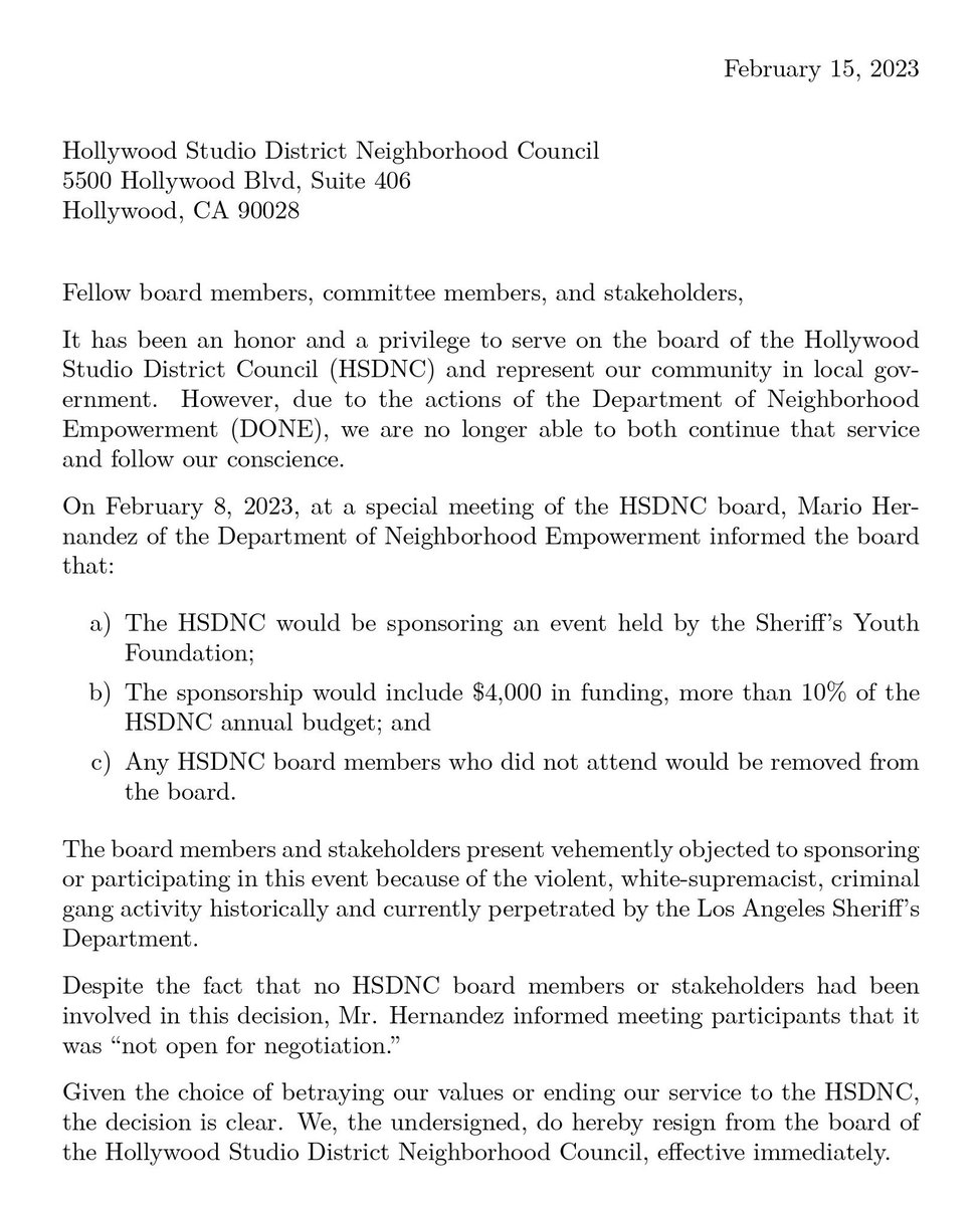 LA_NCs's tweet photo. BREAKING NEWS: Mass resignation of a majority of @theHSDNC Hollywood Studio District Neighborhood Council Board members, including its Chair, Vice Chair and Secretary, due to DONE's diversion of at least $7,500 of NC funds to two non-profits without Board approval. Stay tuned! https://t.co/be9GbcryAR