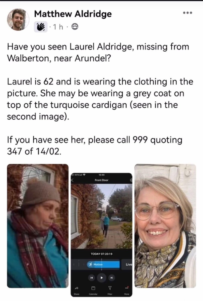 Have you seen Laurel Aldridge? Missing from Walberton since yesterday morning. So hope she is safe.
