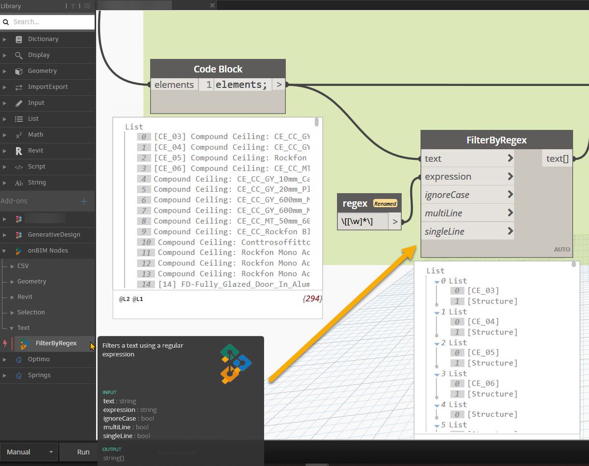 onBIMTechnology's tweet image. New onBIM node for @DynamoBIM. It helps a lot to filter texts. Regular expressions are a fantastic resource for this. 

#onbim #dynamobim #coding #csharp #zerotouch #zerotouchnodes