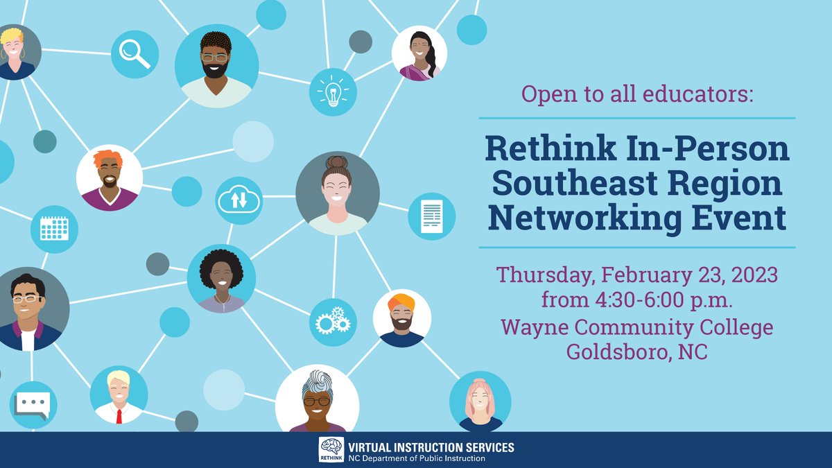 We're hosting a networking session with <a href="/RTI_Intl/">RTI International</a> in the southeast for regional educators! It's open to all, regardless of #NCRethinkEd status, who are interested in #blendedlearning. Join us Feb 23rd from 4:30-6:00 pm at Wayne Community College. Register: bit.ly/3DUE8jm