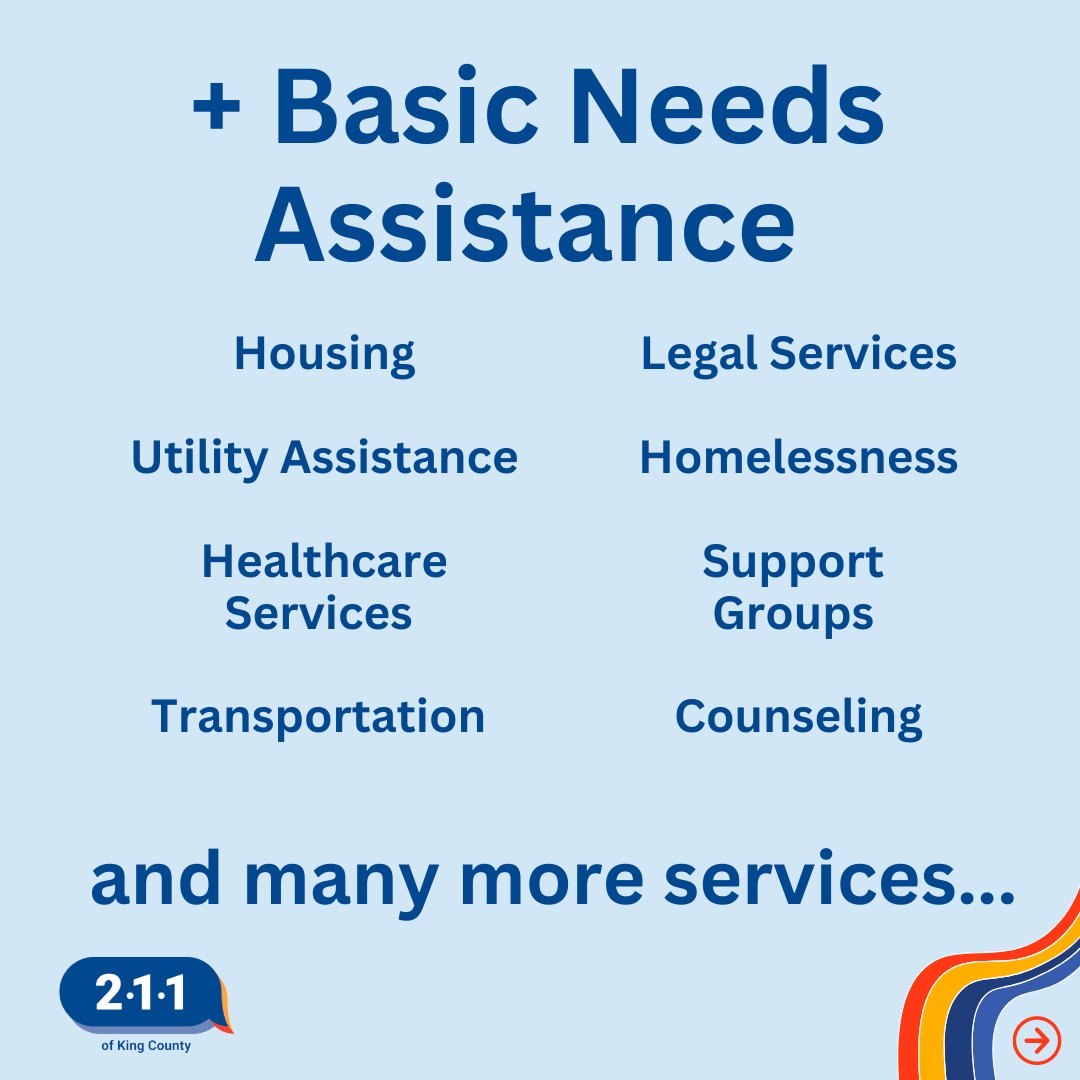 KingCounty211's tweet image. Who do you call when you need help with basic needs + essential services? 🤔
#KingCounty211! 😃

#Team211 connects people with #health and #human #services. 👤 ➕ 🥗 🚙 👨🏾‍⚕️💼

🔍 Learn more! 📲  Reach out! ow.ly/lvrU50MTvOf
 #Taxes #Seattle #Housing #BasicFood #SnapBenefits