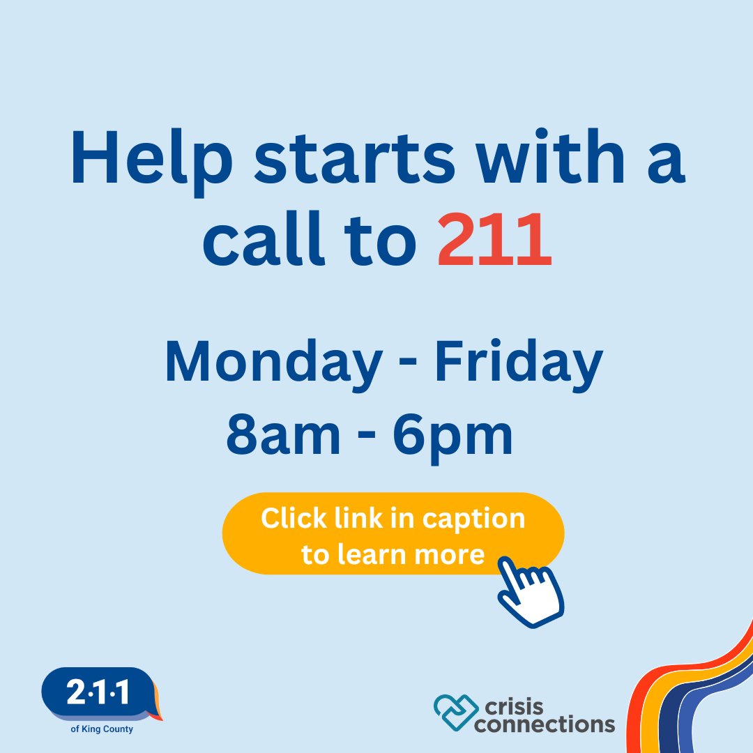 KingCounty211's tweet image. Who do you call when you need help with basic needs + essential services? 🤔
#KingCounty211! 😃

#Team211 connects people with #health and #human #services. 👤 ➕ 🥗 🚙 👨🏾‍⚕️💼

🔍 Learn more! 📲  Reach out! ow.ly/lvrU50MTvOf
 #Taxes #Seattle #Housing #BasicFood #SnapBenefits