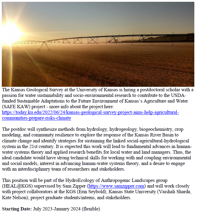 🚨 more hiring!! 🚨 Looking for a #postdoc to work on 🚣Social-Agricultural-Hydrological Modeling of the Kansas River Basin 🚣. Join the dream team with @ecseybold @waterdoc_sharda Kate Nelson and our wonderful students! 🦎Details/apply: employment.ku.edu/staff/24327BR #postdocjobs
