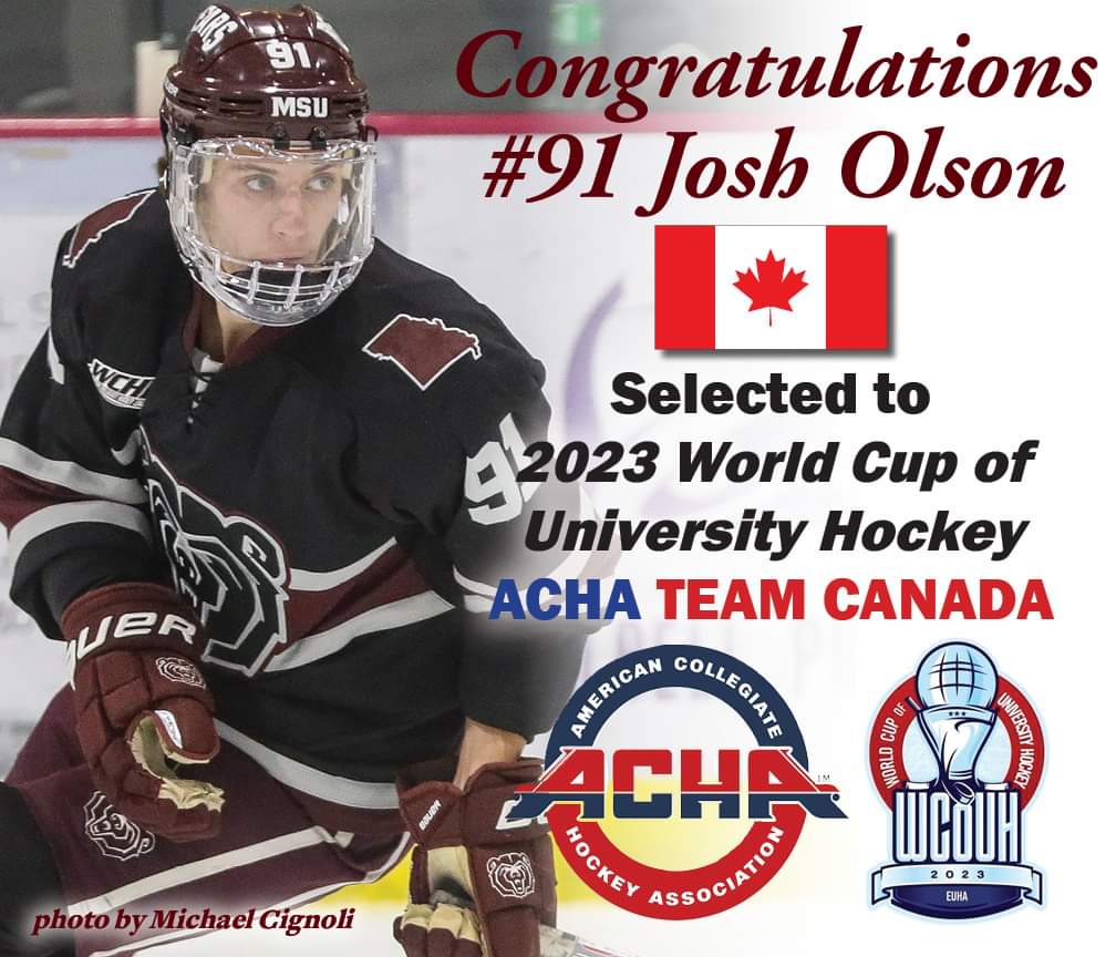🚨CONGRATULATIONS🚨
Huge Congratulations to the Ice Bears own #91 Josh Olson on his selection to ACHA Team Canada for the 2023 World Cup of University Hockey!
Josh joins Ice Bears head coach Jeremy Law with Team Canada!
