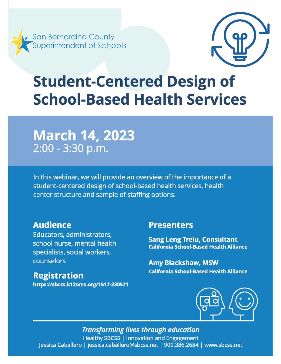 Please join us for the latest in our School-Based Health Center webinar series: Student-Centered Design of School-Based Health Services!
March 14 at 2pm. Register here: sbcss.k12oms.org/1517-230571
