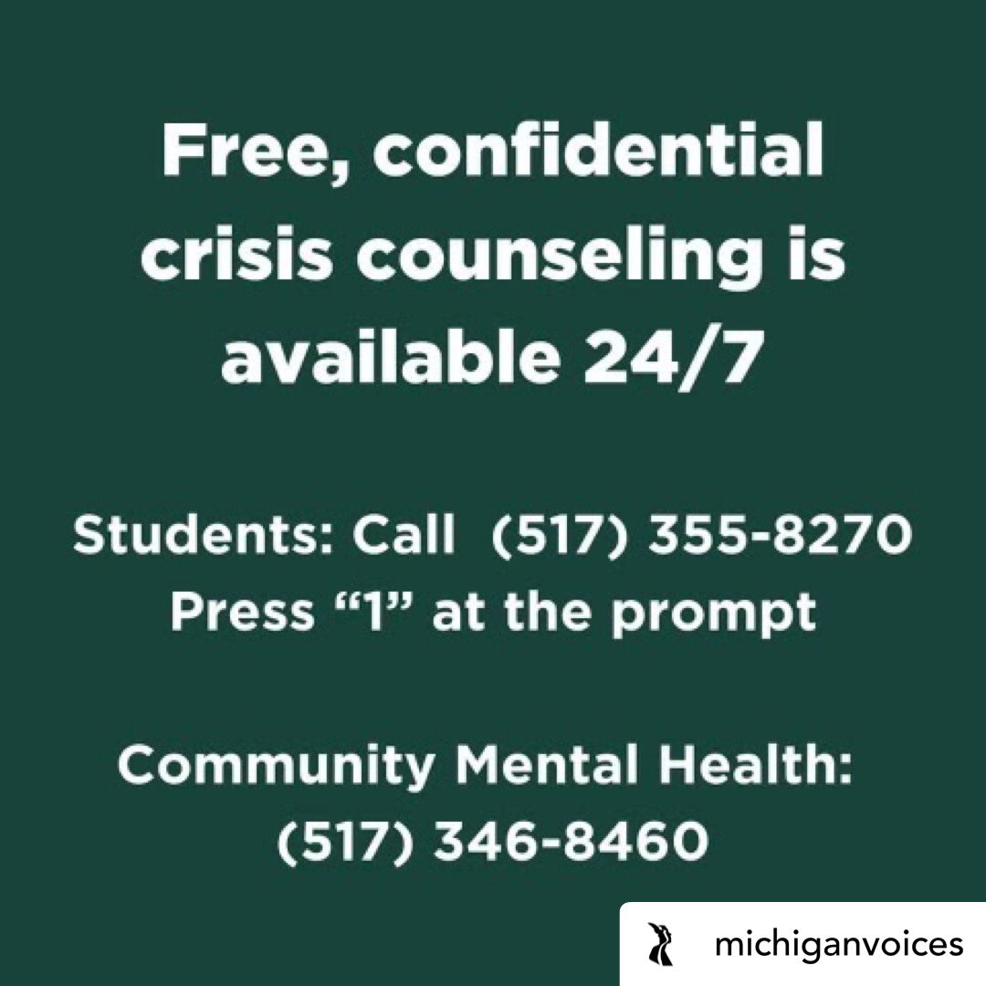 UnitedWaySEM's tweet photo. #PleaseShare: Support is available for #MSU students and those impacted by the recent tragedy at @michiganstateu. 💚 #SpartanStrong https://t.co/5S38dfYhco