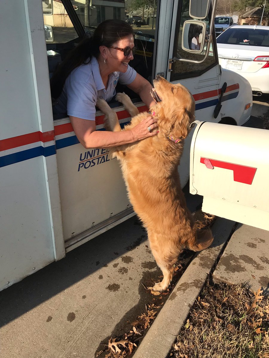 HowertonNews's tweet photo. Building. Bridges. 

The @USPS
                        🤝
                                 Doggos…

They’ve come VERY far. 

Dad snapped this of our dog, Daisy, greeting postal worker Anna Gunn this afternoon! 📫✉️ https://t.co/yeG2c6FU0F