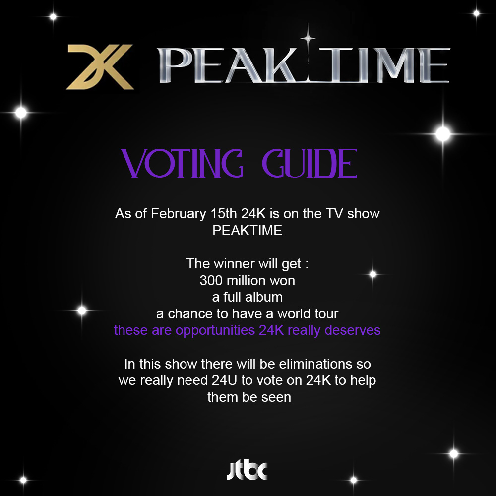 allfor24kplus's tweet image. 24K x PEAKTIME  

VOTING GUIDE
voting is really easy, so please support 24K

#24K #투포케이 #피크타임피크타임 #PEAKTIME #JTBC #KPOP #vote
