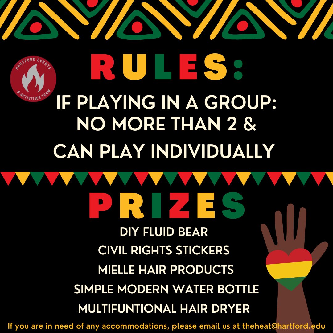 heatuhart's tweet photo. In honor of Black History Month, HEAT is hosting a trivia event on Wednesday, February 22nd from 1-2pm in GSU 333 ❤️‍🔥 Join us to test your knowledge on BHM &amp; make sure to swipe to see what prizes you could win! 🏆 #heatuhart #heattrivia https://t.co/tvX65mzF8d