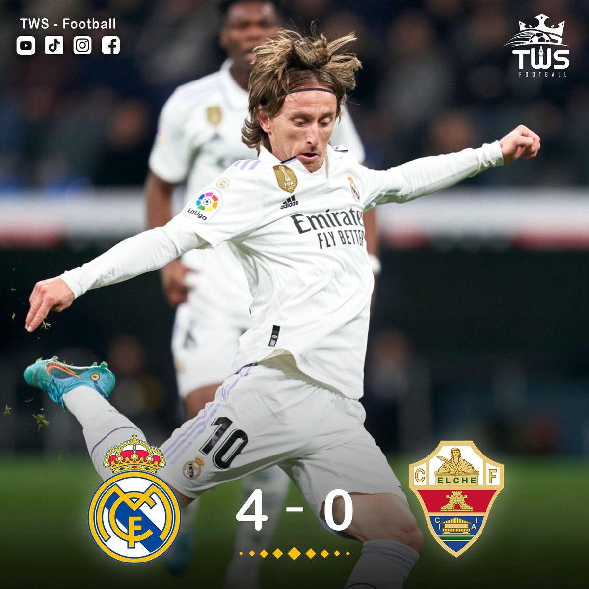 footballtws's tweet photo. ريال مدريد يسحق شباك التشي برباعية نظيفة 🎉🎉😍

حقق نادي ريال مدريد فوزا مهما و ساحقا ضد نادي التشي برباعية دون رد. الدوري الاسباني
و سجل اهداف اللقاء كل من ماركو اسينسيو و بنزيما الهدف الثاني و الثالث قبل ان يختم لوكا مودريتش مهرجان الاهداف بالرابع 
#RealMadridElche https://t.co/znK3FvhLPX