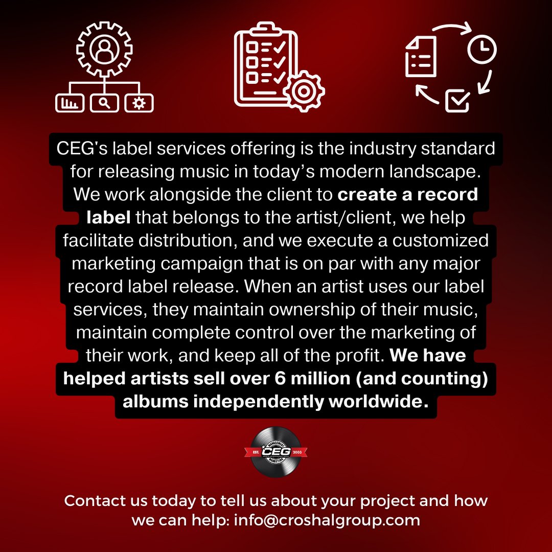 Croshalgroup's tweet photo. CEG offers an array of services including label services, find out how we can help your project become a success today!
#consulting #labelservices #musicbusiness #musicbiz https://t.co/jcd0RQOSH0