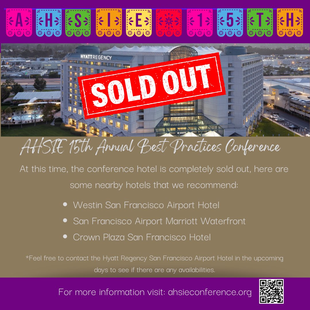 ahsieducators's tweet image. At this time, the conference hotel is completely sold out! 👀  Here are some nearby hotels that we recommend:
* Westin San Francisco Airport Hotel
* San Francisco Airport Marriott Waterfront
* Crowne Plaza San Francisco Airport
 
#ahsie2023 #ahsieeducators #hsis #ehsis