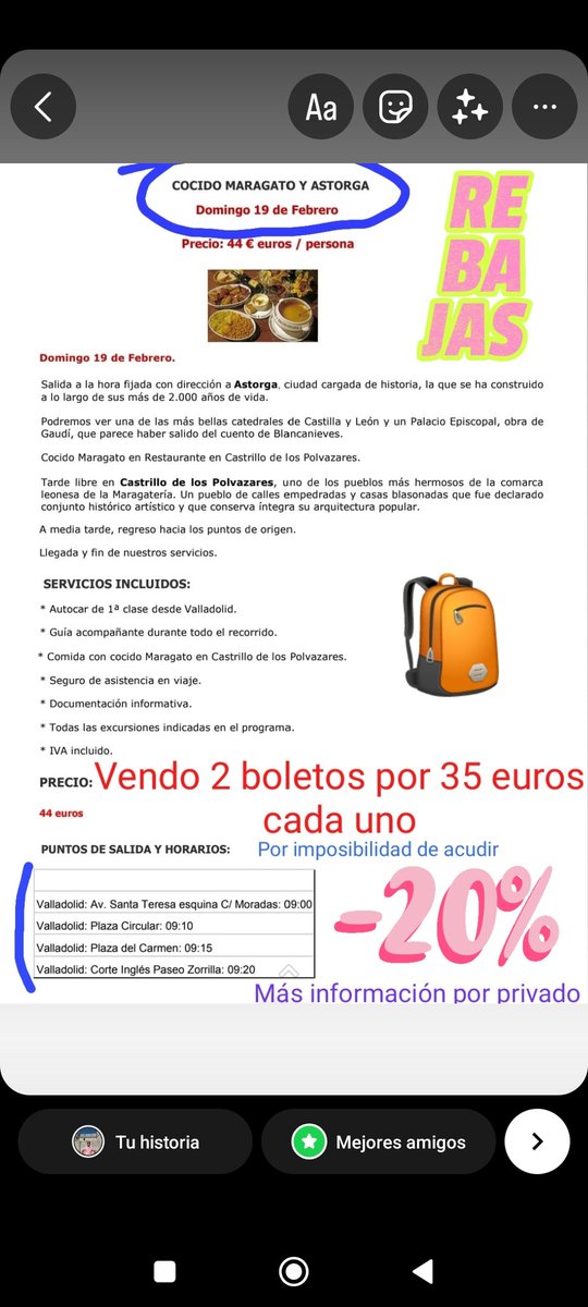 raul_das's tweet photo. Tengo dos pasajes para este viaje organizado a Astorga para este domingo 19 desde Valladolid. Por problemas de salud, no puedo acudir y los vendo por debajo de su valor real.
35 euros por pasajero (incluye comida).
Agradezco difusión, gracias. https://t.co/7vt6nZrqyz