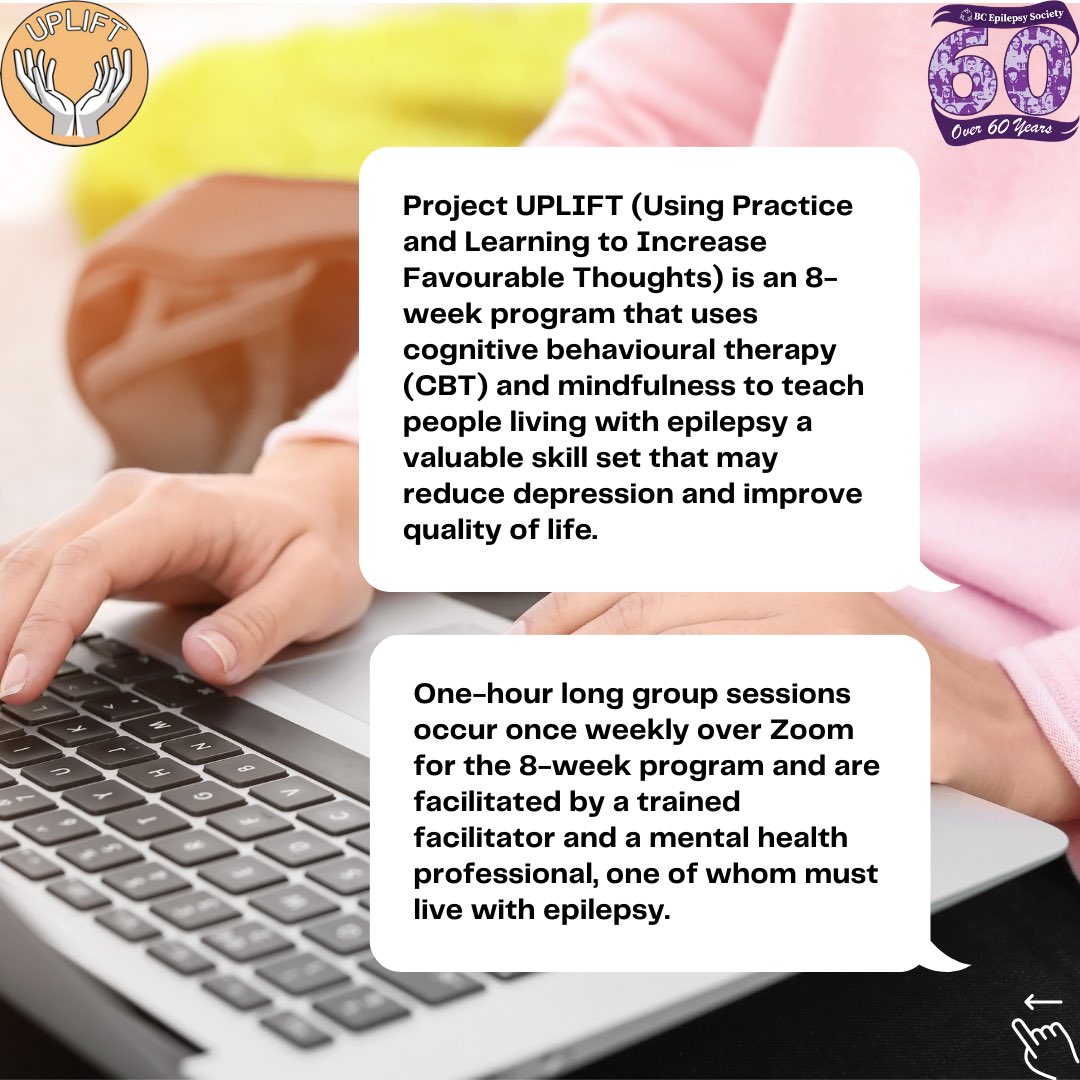BCEpilepsy's tweet photo. Project UPLIFT is an 8-week program that uses cognitive behavioural therapy (CBT) and mindfulness to help people with #epilepsy with their mental health. Please email Christine at christine@bcepilepsy.com for more information or to register #ProjectUPLIFT #BCEpilepsySociety https://t.co/we6xEC1PFW