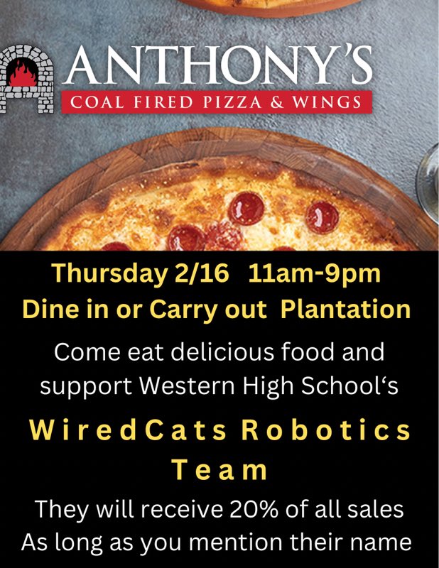 Help out the robotics club by visiting Anthony’s pizza tonight and mentioning robotics at checkout!!! 💗💗