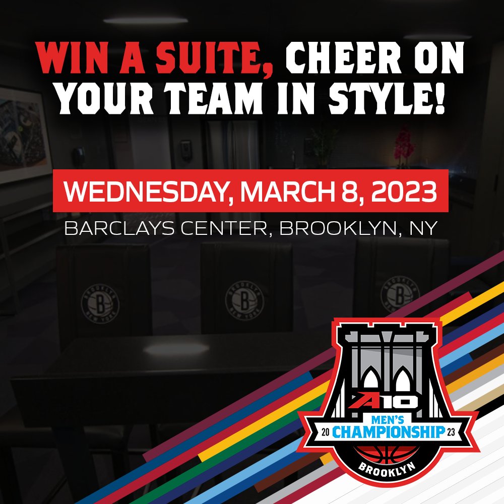 atlantic10's tweet photo. You loved it last year, so we had to bring it 🔙! 

Here's your chance to win a suite at the 2023 @A10MBB Championship (Wed. evening session)!

Bring your friends - up to 16 people - and enjoy the best seats in the house @barclayscenter! 

🔗https://t.co/9foxQt9C5h for more info! https://t.co/vIs4B27KGg