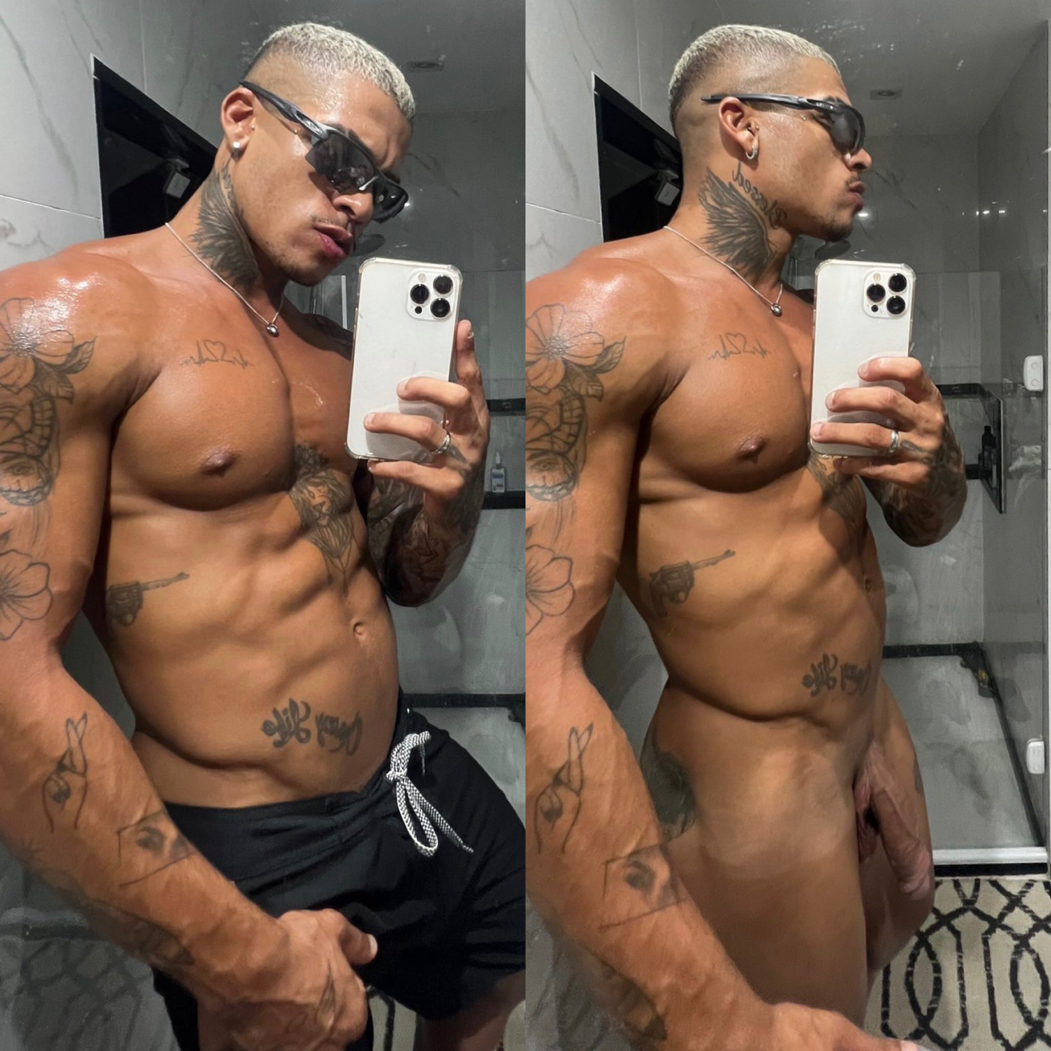 These two photos of Italo Andrade [ @realtaloxl ] showing off his marble cut bathroom and marble cut