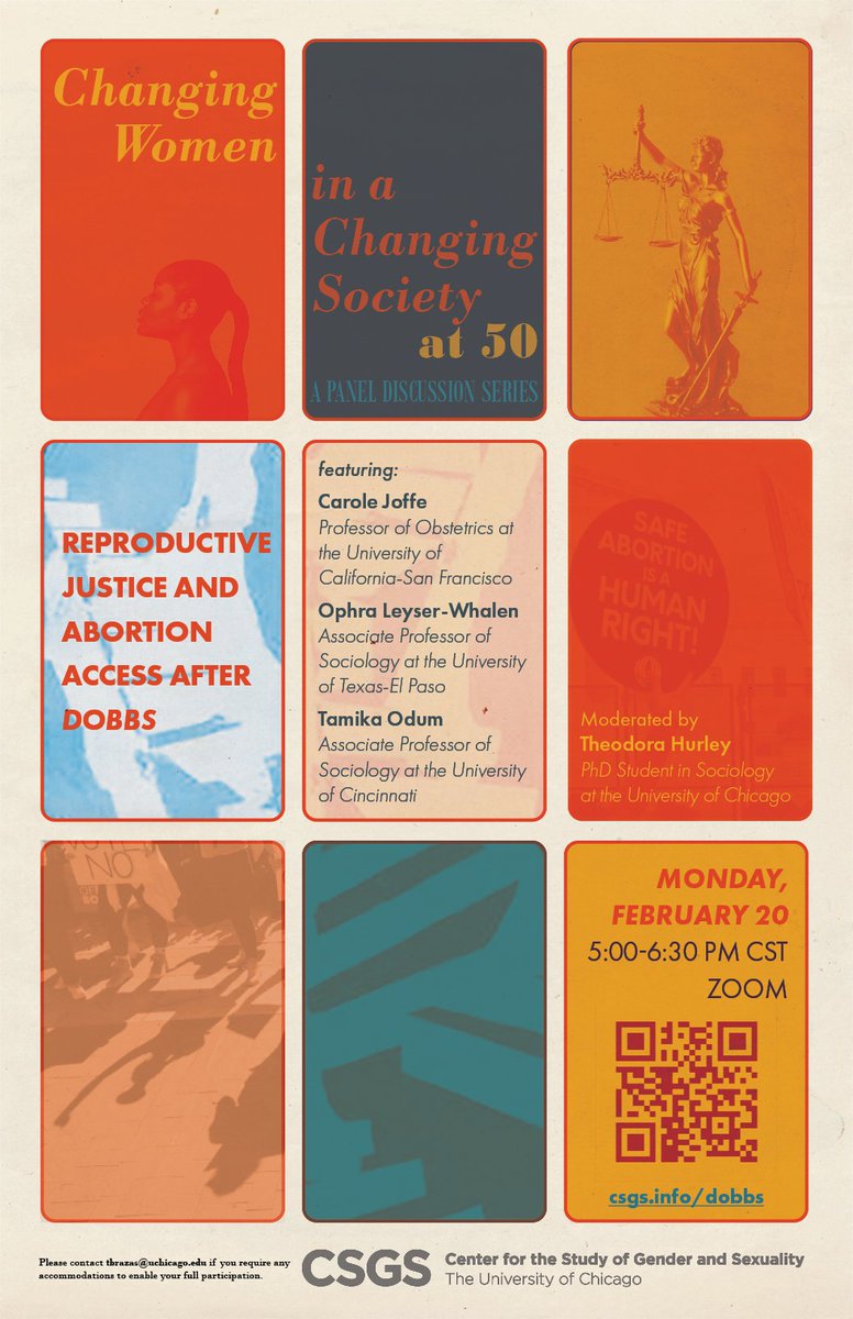 UChicagoCSGS's tweet photo. This Mon, Feb 20 at 5pm CST: Reproductive Justice and Abortion Access After Dobbs - a virtual panel featuring @carolejoffe, @socphra, &amp; @professortco; moderated by Theodora Hurley (@UChicagoSoc). 

Learn more and register at https://t.co/nKetezxJkR https://t.co/X5RaO7WONB