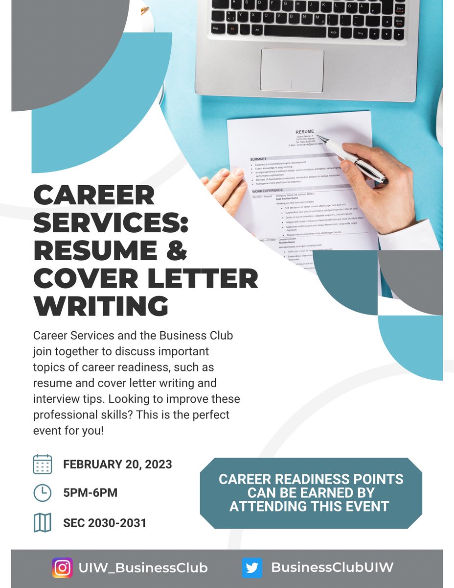 BusinessClubUIW's tweet photo. 🚨NEXT WEEK🚨

The Business Club will be joined by Career Services to discuss important topics of career readiness, such as resume and cover letter writing and interview tips.

📅 FEBRUARY 20, 2023
⏰ 5PM-6PM
📍 SEC 2030-2031 https://t.co/8cuCync3yK