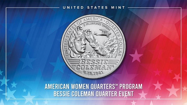 On February 18, join the U.S. Mint, @womenshistory and the @smithsonian American Women's History Museum to celebrate the release of the Bessie Coleman Quarter at the DuSable Museum. Visit ow.ly/ZEmw50MTBqH for more information. #HerQuarter