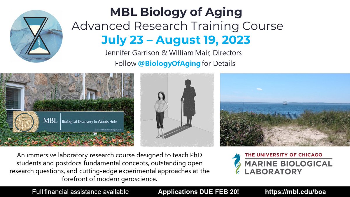 Jennifer Garrison (@jenngarrison) on Twitter photo 5 DAYS LEFT to apply for <a href="/biologyofaging/">Biology of Aging Course</a> course at <a href="/MBLScience/">Marine Biological Laboratory (MBL)</a> with so many awesome faculty and @William_Mair
Open to talented students and postdocs worldwide and FULL FINANCIAL AID AVAILABLE
Let us figure out how to pay for it, just apply by Feb 20: mbl.edu/boa 5 DAYS LEFT to apply for <a href="/biologyofaging/">Biology of Aging Course</a> course at <a href="/MBLScience/">Marine Biological Laboratory (MBL)</a> with so many awesome faculty and @William_Mair
Open to talented students and postdocs worldwide and FULL FINANCIAL AID AVAILABLE
Let us figure out how to pay for it, just apply by Feb 20: mbl.edu/boa