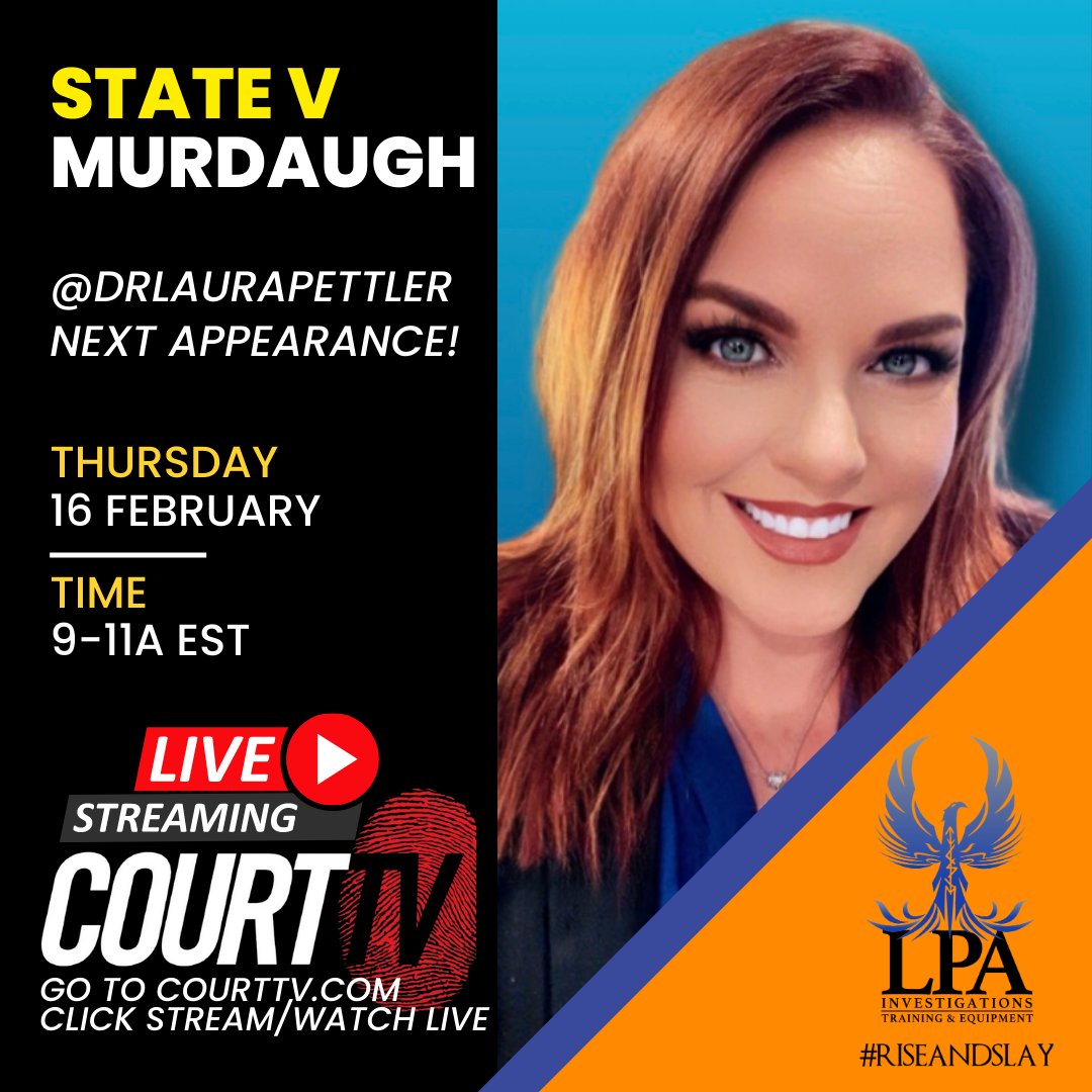 DrLauraPettler's tweet photo. Love to hear your thoughts! Great tweeting w/you about the #AlexMurdaughTrial when I'm live as a Guest on @CourtTV @CourtTVUK! Go to https://t.co/9U0QluZPWj to stream to your device. #AlexMurdaugh #Murdaugh #MurdaughMurders #TrueCrime #Podcast #RiseAndSlay #LPAteam #KaleidoRecon https://t.co/VwSKRsXmn7