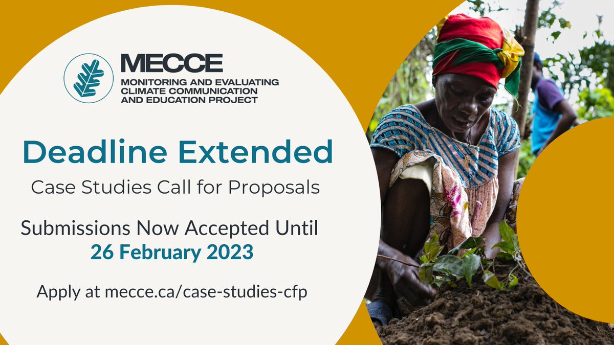 Deadline Extension! Due to demand, the #MECCE Project team has extended the deadline for the funded Case Studies Call for Proposals by one week to February 26, 2023. Learn more: mecce.ca/case-studies-c…

#SDG4 #SDG13 #ClimateAction #ClimateEducation #ClimateCommunication #UNFCCC