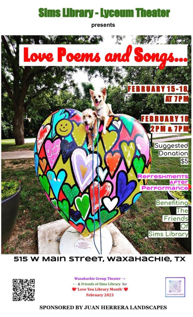 HachieChamber's tweet photo. Make plans to attend "Love Poems and Songs..." at Sims Library starting tonight at 7:00pm. This event is sponsored by Juan Herrera Landscapes! "Love Poems and Songs..." will be held through Sat. See details below!
#waxahachietx #elliscounty #simslibrary #friendsofthelibrary https://t.co/5mHQGl9Xqx
