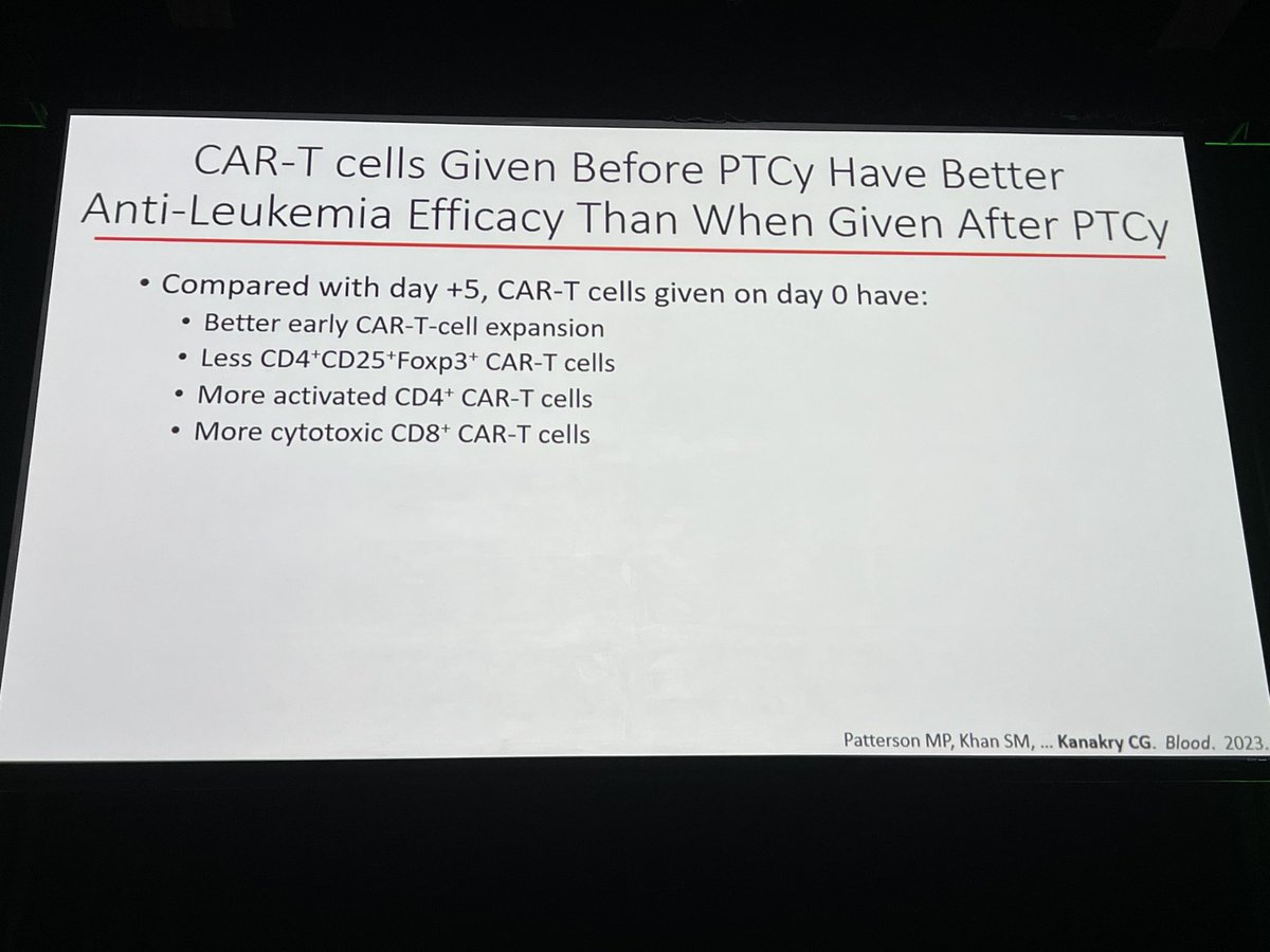 #tandem23 #bmtsm Kanakry: CAR-T cell activity not inhibited by PTCy and in fact work better when given before PTCy than after. 🤔 Fascinating.