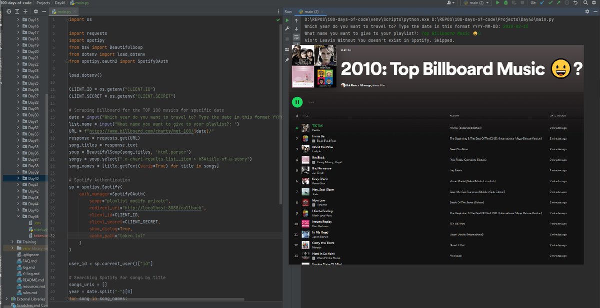 RuiFSPinto's tweet image. Day46 #100DaysOfCode
"Just built a time machine music scraper with #Python and the #SpotifyAPI! Now I can create playlists of the top 100 billboard hits from any day. Time travel through music? Yes, please! 🎶⏰ #MusicLover #CodingFun" 🐍🍲 😃
