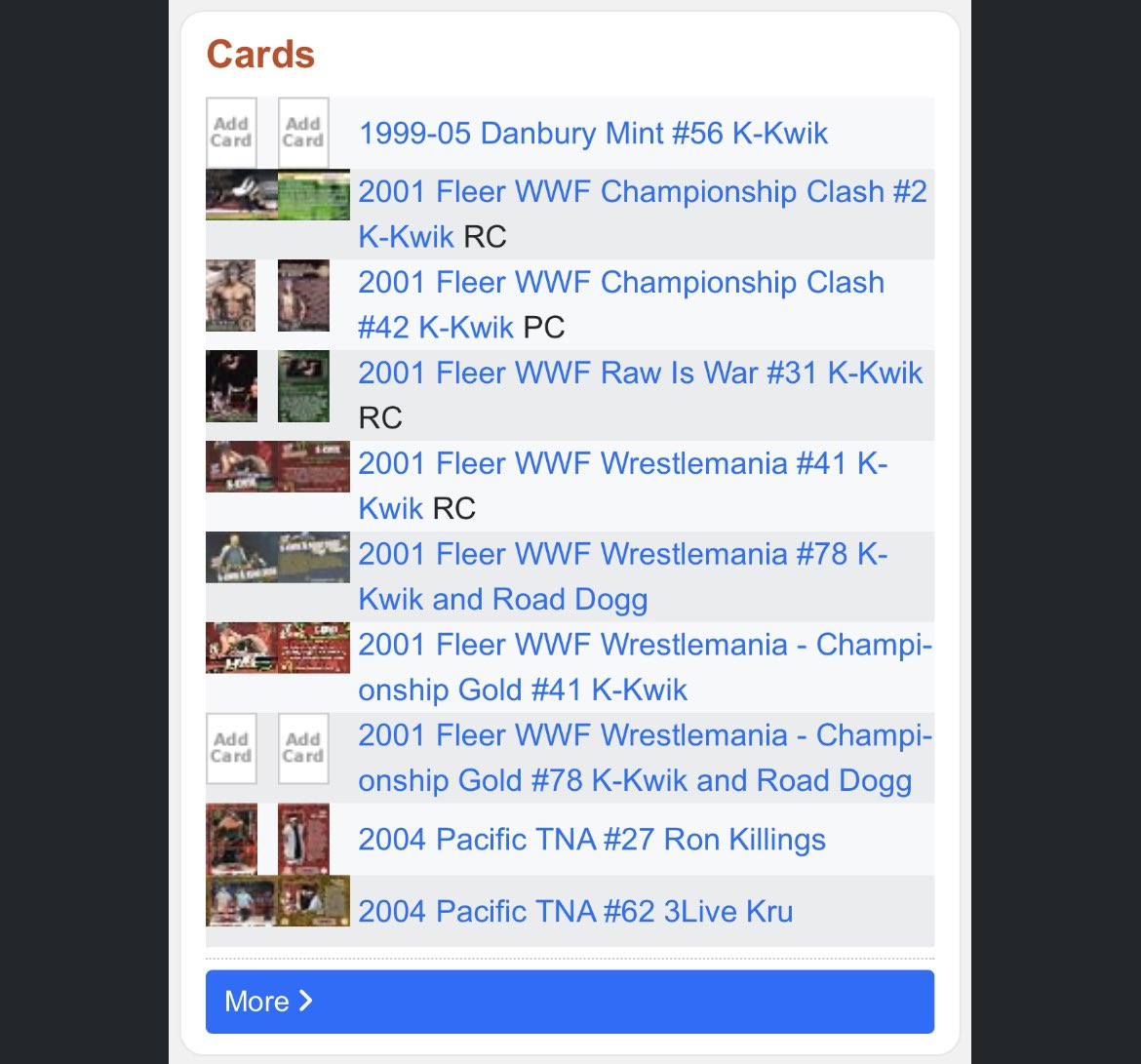 AewCard's tweet photo. @WCwrestlingpod Listening to this episode I thought (if you hadnโt covered it already) the history of R-Truthโs cards are interesting ๐ง
I think a lot of people forget or donโt realize he has #WWF cards from 2001, before his #TNA career
#WrestlingCards #TradingCards #KKwik #RTruth #RonKillings https://t.co/vvhELhundw