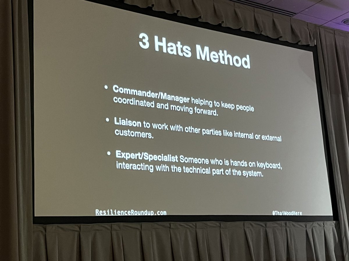 jessitron's tweet photo. When you answer a page, you have three hats. When it’s serious, Your job is to get rid of two of them as quickly as possible. 

1. Coordinator 
2. Comms
3. Specialist 

@ThaiWoodHere #LFIConf23 https://t.co/gc6QFncGJ4