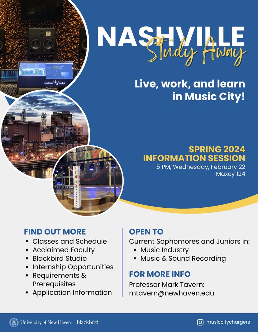 NewHaven_MIC's tweet photo. Attention UNH! The first interest meeting for the Nashville Study Away Program is coming up, Wednesday feb. 22 at 5pm in Maxcy 124. Spread the word, we hope to see you there! https://t.co/CK27l3stJM