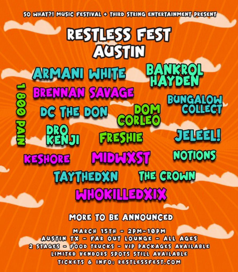 atxconcert's tweet photo. We’re giving away 2 tickets + skip the line passes for RESTLESS FEST. Going down during SXSW at @FarOutLounge on 3/15. Big ups to @sowhatmusicfest &amp; @ThirdStringEnt for putting together this sick lineup 🤙🤙

To win:
• RT this post
• Follow @atxconcert
• Tag +1 in comments https://t.co/sDDvz2hANk