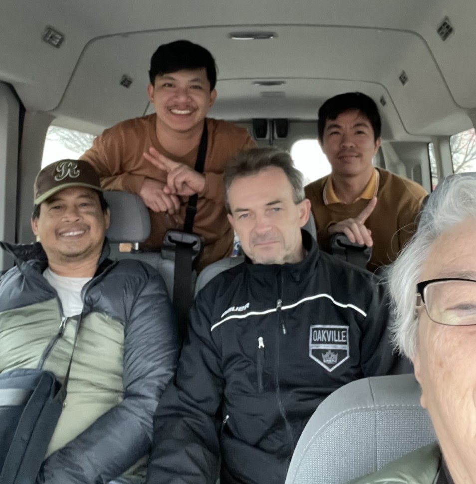 SIHNYC's tweet photo. After 5 months at sea, the young seafarer in red on the left, rushed out of the van and jumped for joy! 😄 Now, the bulk carrier named "Lake Ontario" is heading for Montreal, getting relatively close to the lake it is named for. https://t.co/RCSTSxLVsA