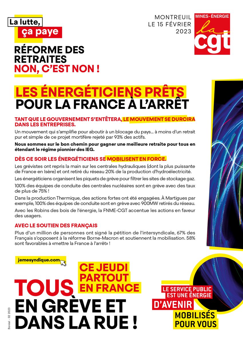 📢RETRAITES NON C'EST NON‼️
🔴Les énergéticiens #FNMECGT prêts pour la France à l'arrêt‼️
▪️durcir le mouvement💥
▪️se mobiliser en force✊
🙏Avec le soutien des Français on va gagner le #retrait 
#64ansCestNon 
#NonALaReformeDesRetraites