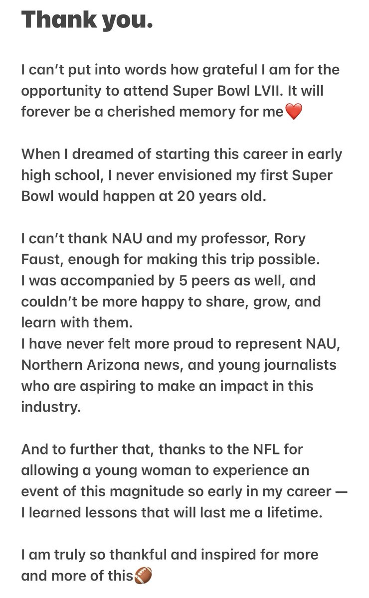 A thank you to:
@AZSuperBowl 
@NAU_MICsports @NAU @ProfFaust 
@NFL 
for an incredible Super Bowl LVII❤️

#SuperBowlLVII #SuperBowl #ChiefsKingdom #FlyEaglesFly #NFL #WomenInSports