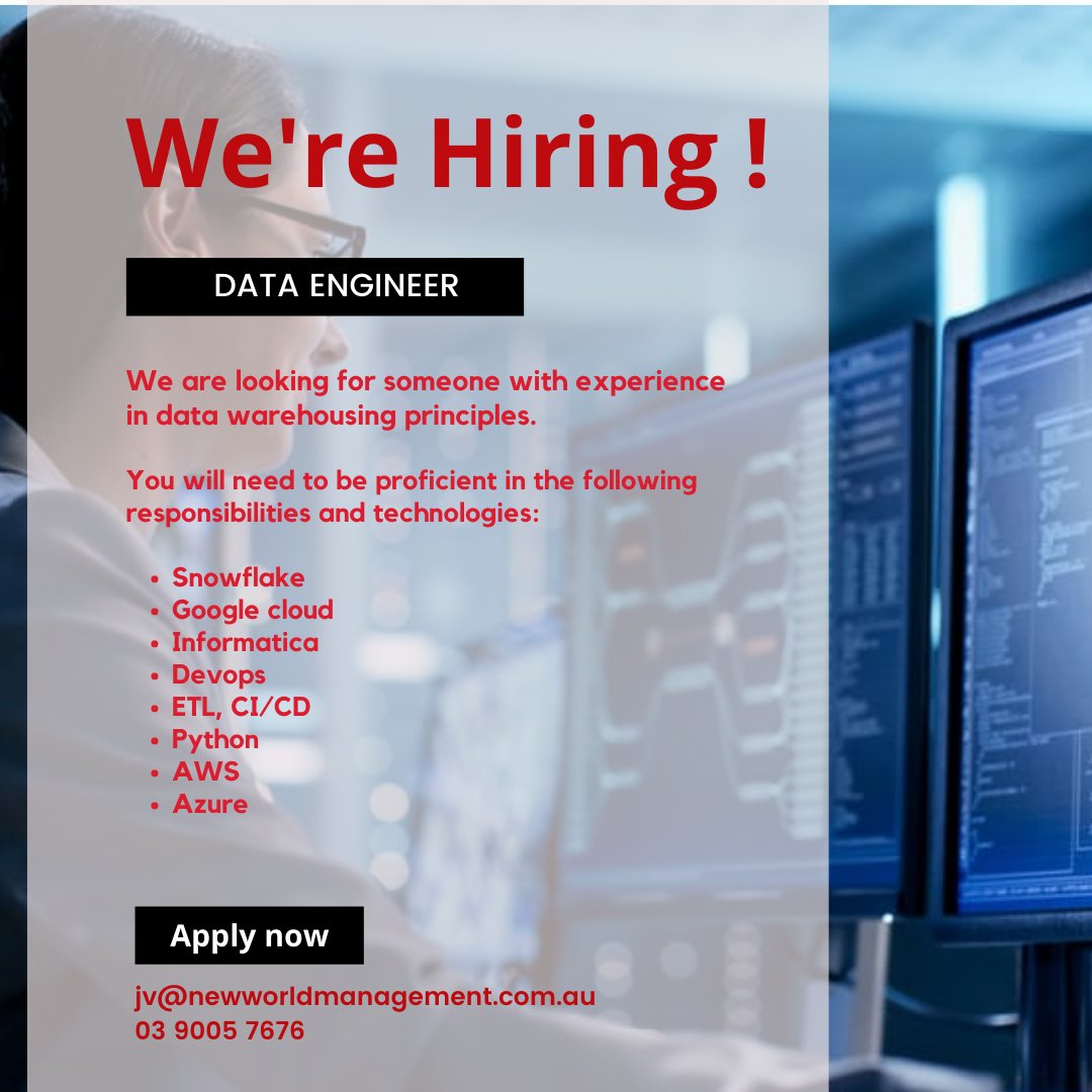 nwmfindajob's tweet photo. ❗WE ARE HIRING❗
DATA ENGINEER
If you are or anyone you know who might be interested, reach out to us.
#data #jobsindata #powerbi #mdmdeveloper #informatics #stibo #dataengineer #analytics #businessintelligence #nwm #newworldmanagement #itcareer #techjobs #jobsintech https://t.co/gPqWWCWvi0