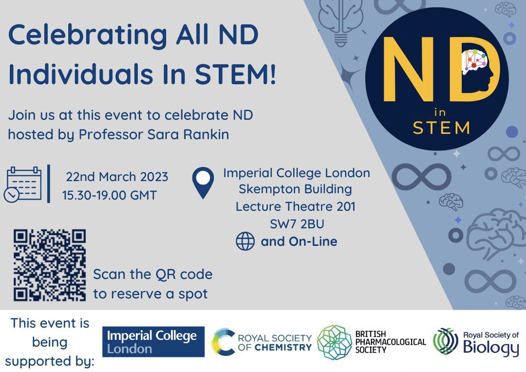 Our first event Celebrating neurodiversity in STEM 22nd March f2f and on-line supported by @RoySocChem @BritPharmSoc @RoyalSocBio