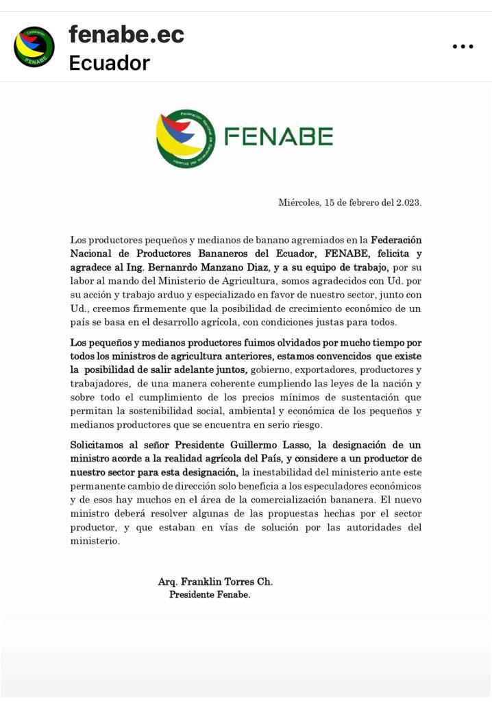 Fenabe_Ec's tweet photo. #Fenabe agradece al exministro @bmanzanod por el trabajo realizado frente al Ministerio  @AgriculturaEc y exhorta al presidente @guillermolasso a designar a un productor como nueva autoridad del ente gubernamental.

@franktor30
@ComunicacionEc

#comunicado #fenabe #agricultura https://t.co/NEhoJbwOrj